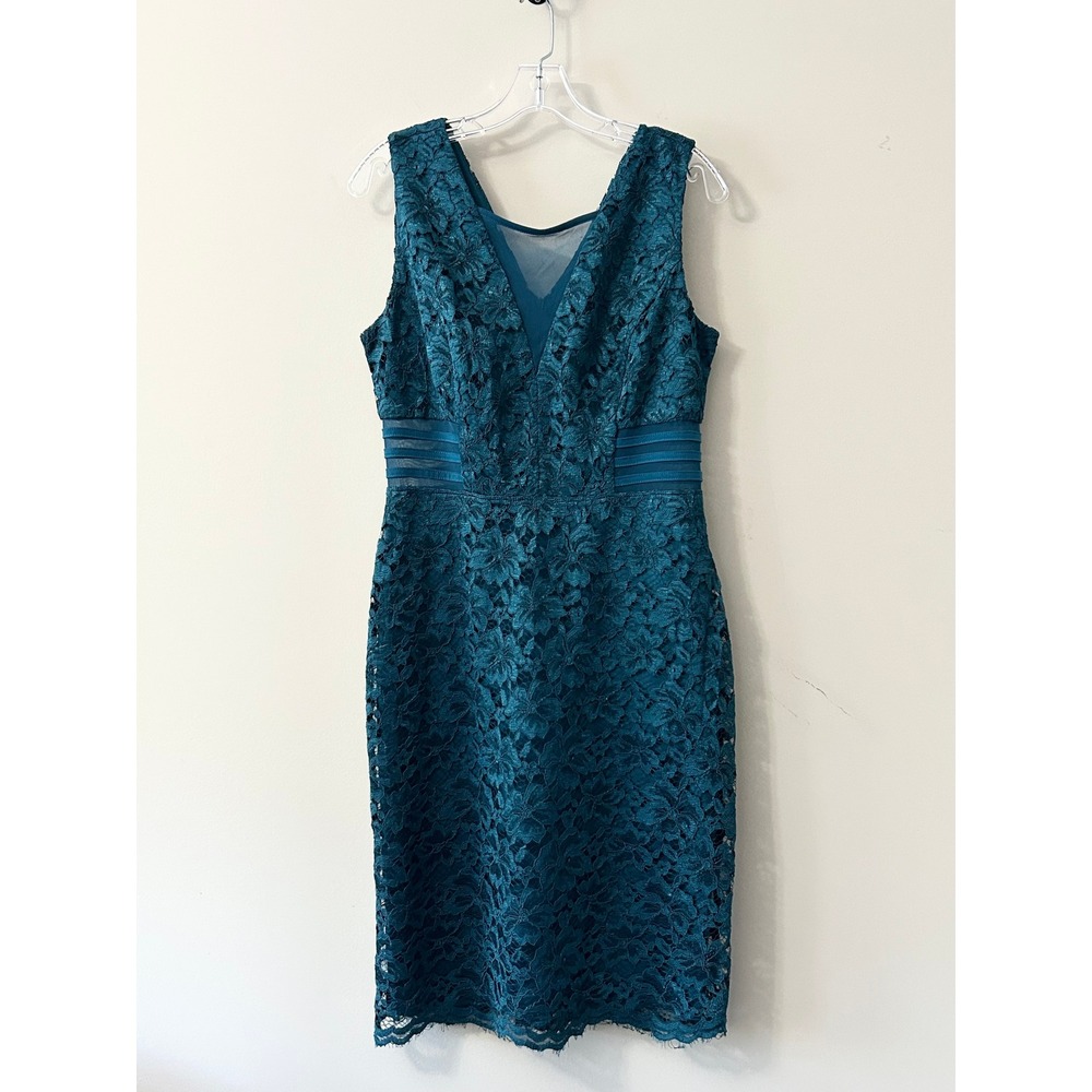Alexa B Nites Teal Blue Floral Lace Sheath Dress V-Neck Mesh Detail Size 12